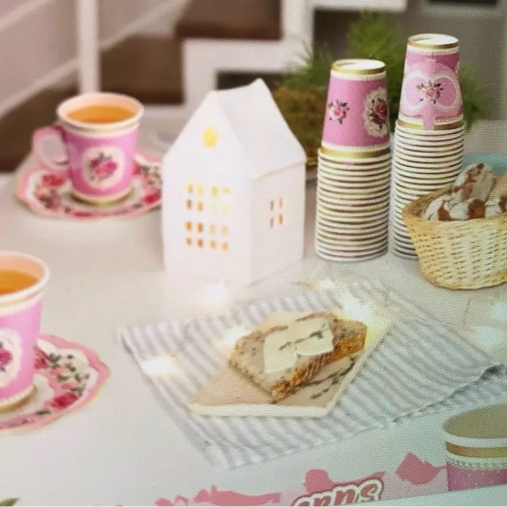 Elegant 60 PCS Pink Floral Party paper Plates and cups with handle.